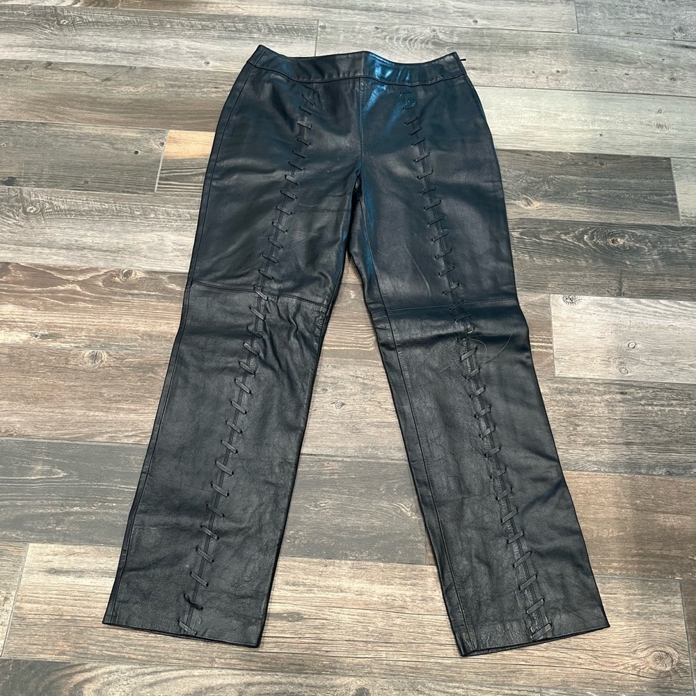 TOGETHER VINTAGE BLACK GENUINE LEATHER PANTS STRAIGHT LEG